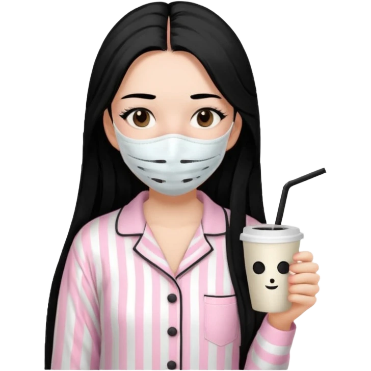 chica de pelo lacio color negro cabellera larga piyama blanca con rayas rosa claras peo no tan claras no oscuras el bordado es negro al igual que los botones )tiene una mascarilla para la carablanca y sostiene y cafe con bolitas nedras al dondo con unsorbete tranparente y es de test blanca  emoji