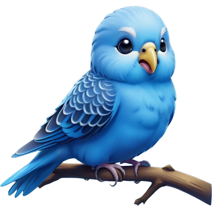 Cinematic Comical Blue Budgie Portrait Emoji, Head tilted dramatically with an exaggeratedly amused expression, featuring a striking blue feathered fur with a glossy finish, wide, expressive dark eyes filled with playful disbelief, Simplified yet hilariously expressive features, highly detailed, glowing with a slightly sassy glow, high shine, dramatic yet playful, stylized with an air of cheeky mischief, bright and endearing, soft glowing outline, capturing the essence of a spirited and over-the-top budgie, so meme-worthy it feels like it could side-eye its way into internet fame instantly! emoji