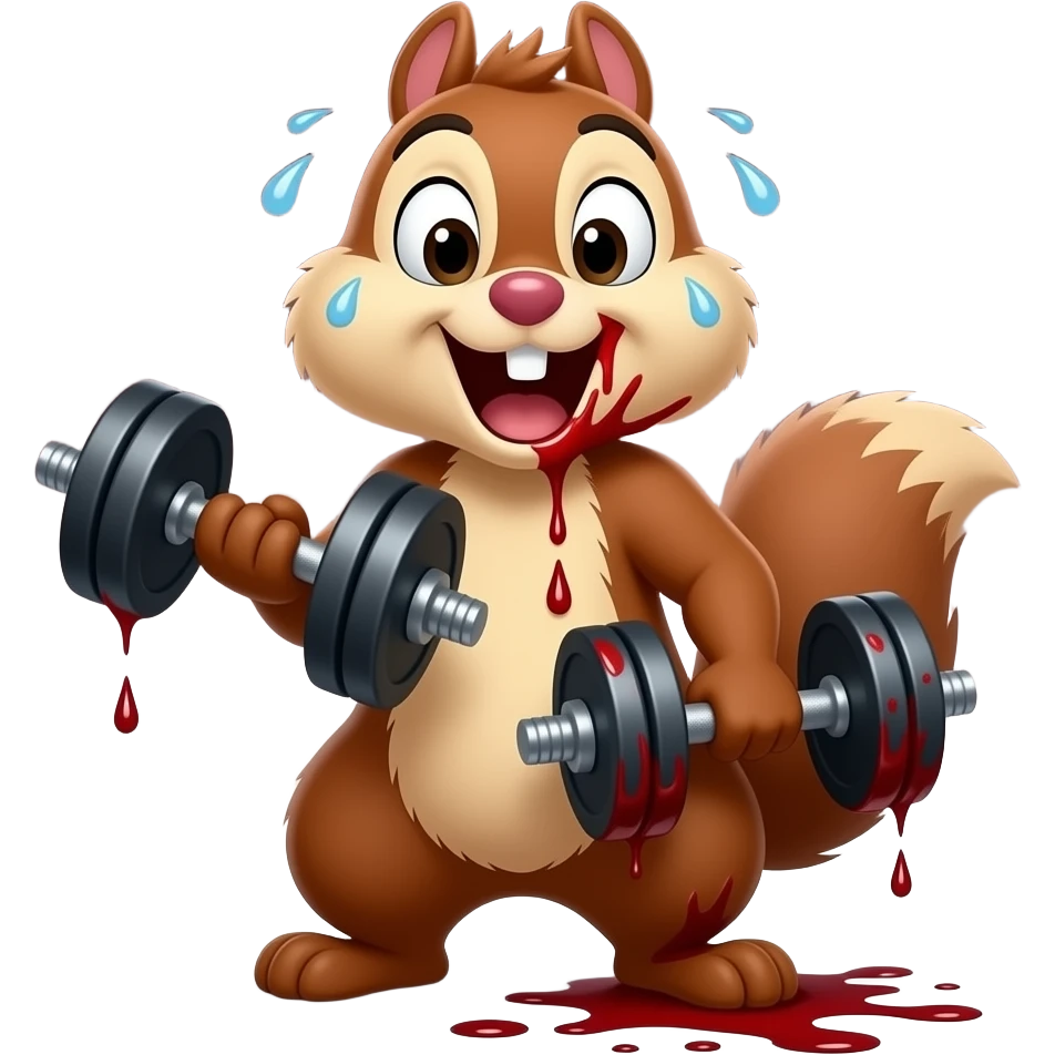 Realistic exhausted bloody chipmunk Dale from Chip 'n' Dale, labeled "stupidity", holding dumbbell, sweat and blood, wild insane look, dark gritty style, premium Telegram emoji, transparent background, muted dark reds and grays, not cartoonish. emoji