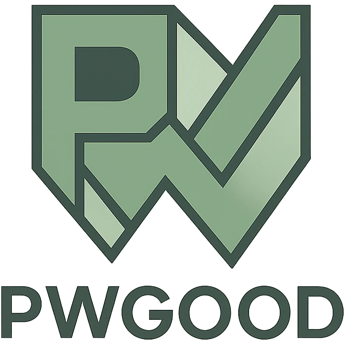 geometric logo for 'pwgood' with stylized 'pw' monogram, green and gray palette emoji
