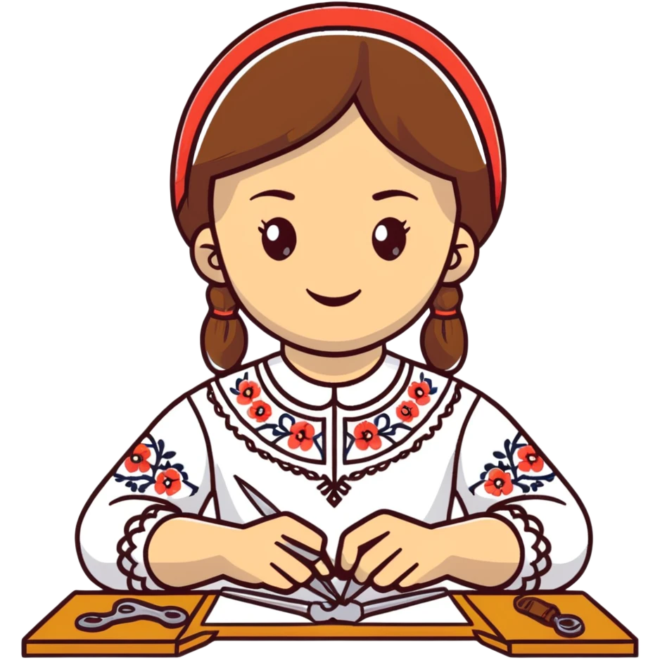 Ukrainian young girl wearing a white traditional embroidered shirt (vyshyvanka) smiling and holding sewing tools emoji