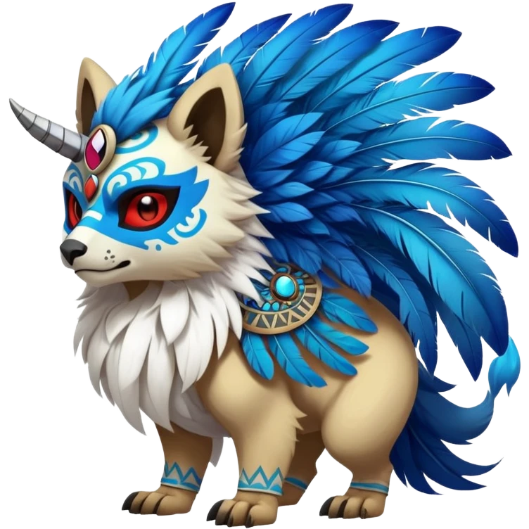 Furry cute colorful exotic tribal feral anime-styled Fakémon-Pokémon-animal-creature with a skull mask, and a feather-mane-collar, and blue feathers, (full body) emoji