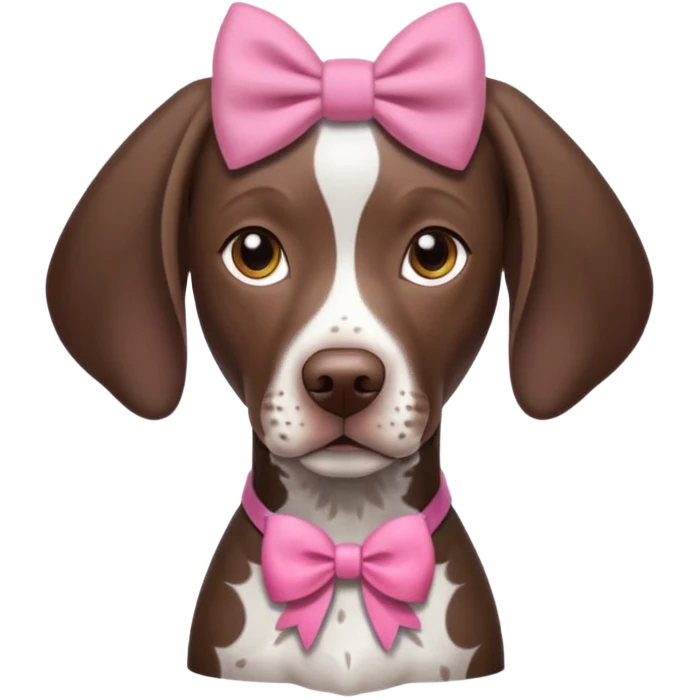 Brown and white German short haired pointer with pink bow on right ear emoji
