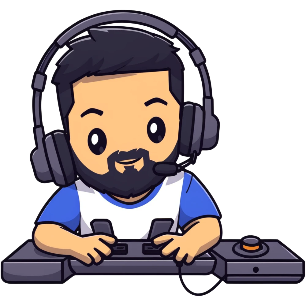 Serious male gamer with black hair, brown eyes, black beard, gaming headset emoji