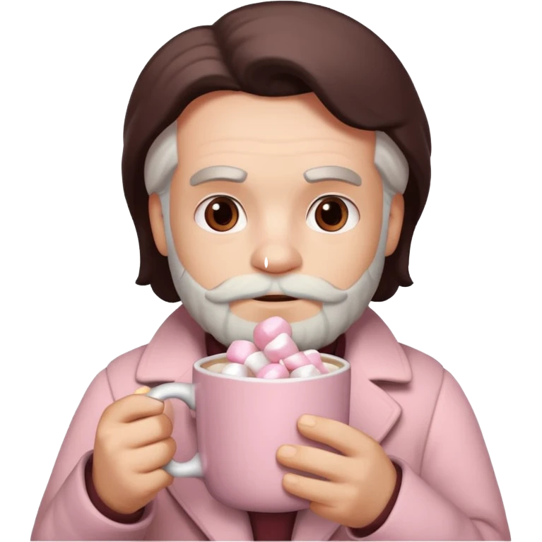 Marx hold  Light Pink mug of hot chocolate with marshmallows in  emoji
