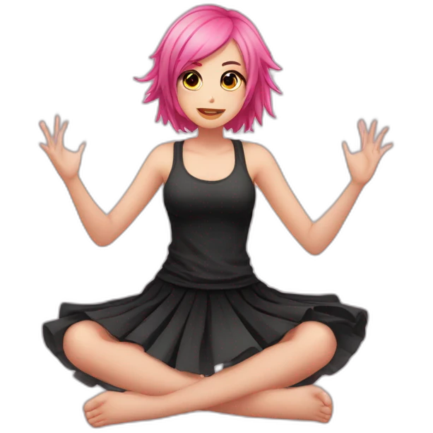 Full body Front view curvy emo girl pink hair sits on the floor straight view hands up black skirt полосатые рваные чулки emoji