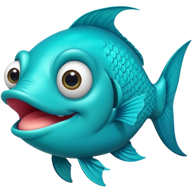 ultra stupid looking bright turquoise fish with dopey expression, huge silly grin with buck teeth, googly eye, perfect flat side profile facing right, exactly 90 degrees, one eye visible emoji