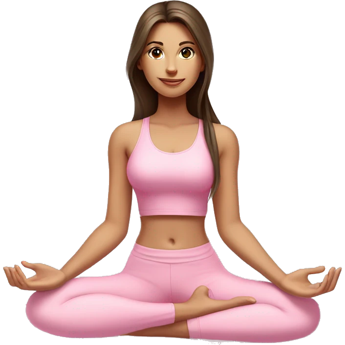 Brunette long hair and green eyes yoga beautiful girl in light pink pink pink clothes sitting on a yoga mat emoji