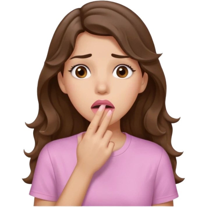 girl with wavy long brown hair, brown eyes, light to medium complexion, long lashes, light pink lipstick, wearing light pink shirt, shocked, hand covering mouth, oh no  emoji