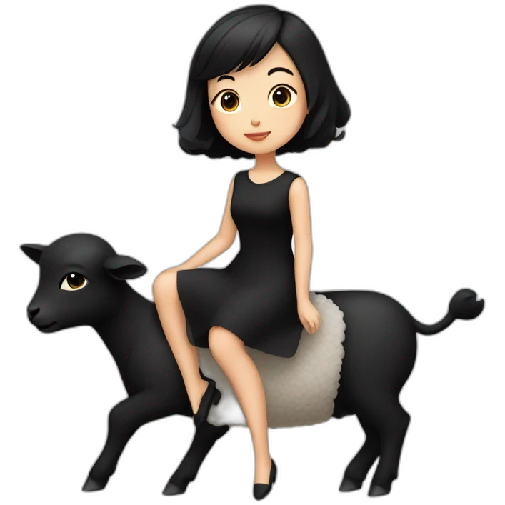 Asian girl with short black hair, black dress, riding on a black lamb emoji
