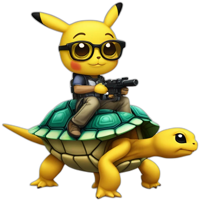 Eric Zemmour avec des lunettes de soleil sur une tortue avec 4 ailes et un Pikachu cyborg avec un bras canon qui lance un éclair avec une explosion en arrière plan emoji