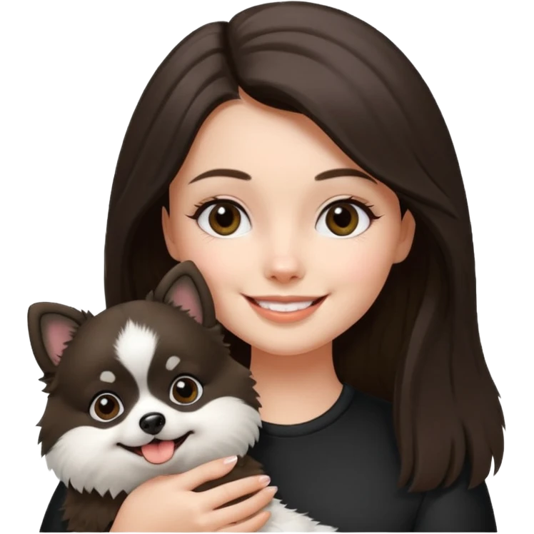 an brunette girl holding her pomeranian dog thats black and white but has white middle part in the face kinda looks like a panda emoji