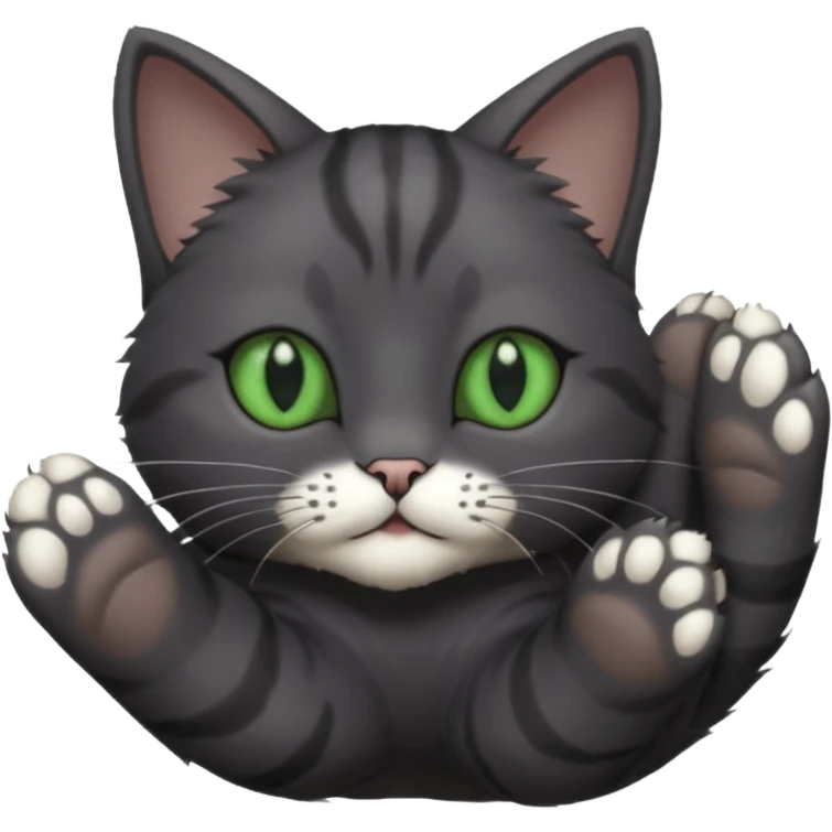 solid dark grey cat with green eyes, completely solid grey face, white toes/paws playing rolling upside down emoji