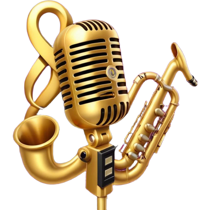 Create a vibrant and expressive emoji representing jazz vocal performance. The design should feature a vintage microphone at the center, surrounded by musical notes and soundwaves flowing outward, symbolizing the vocal improvisation and fluidity of jazz. Include key instruments often associated with jazz vocals, such as a jazz piano (stylized black keys) in the background and a saxophone or trumpet, giving it a true jazz vibe. Add soft lighting effects to evoke the intimate, atmospheric feel of a jazz club. Use rich colors like gold, black, deep purple, and red to reflect the soulful, smooth nature of jazz. The background should be transparent. emoji