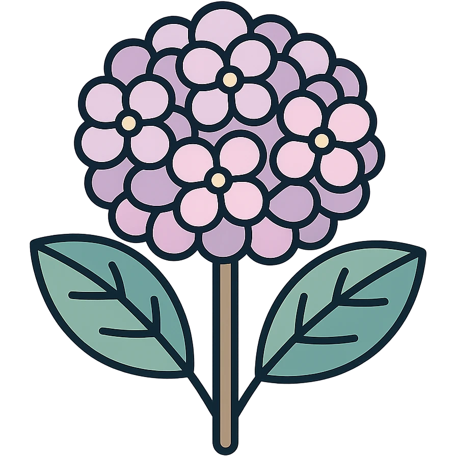 Гортензия с листьями, icon-color-outlined стиль, тонкие чистые контуры, мягкие округлые формы, пастельная палитра #98B5BC, #B5B3C1, #C9A3C9, #E4C0CA, #F7DCD1, #F7C0AA, детализированные тени и блики, мягкое освещение, прозрачный фон, без декора emoji