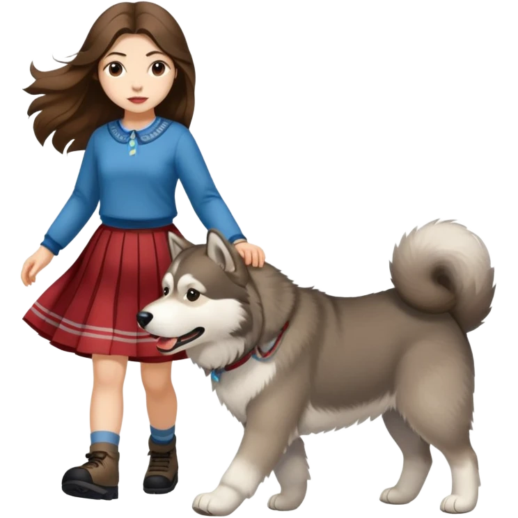 A girl with long brown hair and a skirt walking an Alaskan emoji