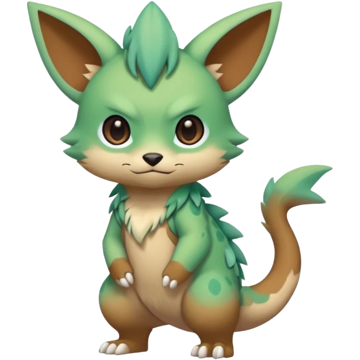 Pastel warm colorful-green-brown-gradient anime-styled edgy cool badass cute random Fakémon-creature, with random markings, full body emoji