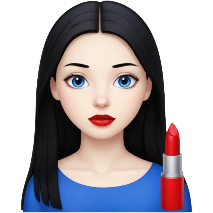20 yr old woman long straight black hair, pale skin, blue eyes, red lipstick emoji