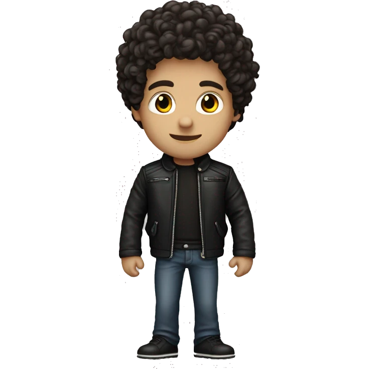 Curly dark brown hair about 13cm in length, white skin , black leather jacket, make it a man  emoji