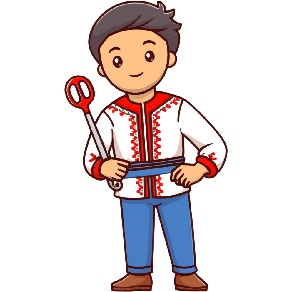 Ukrainian man in traditional embroidered vyshyvanka shirt holding red scissors in one hand and a spanner in the other hand emoji