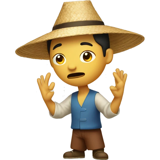 chinese man shrugging with his arms and he has a chinese straw hat emoji