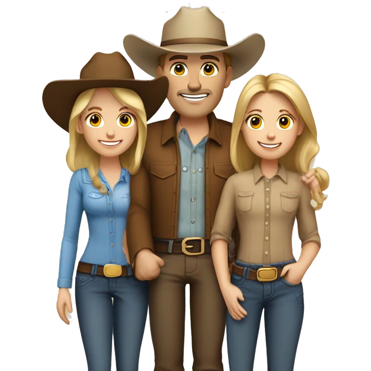 Caucasian family of five people, all with cowboy hats on, 2 blonde teenagers, 1 light brown haired mom, 1 little boy with brown hair and a brown hair dad emoji