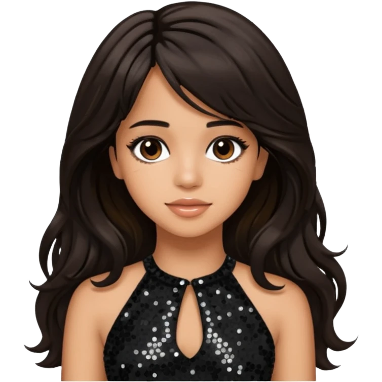 Camila Cabello from Fifth Harmony with long dark brown hair, black sequin outfit emoji