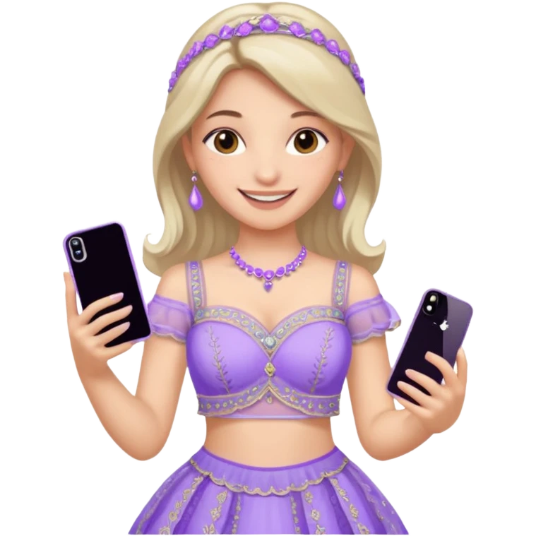 Make a girl standing in mirror in lavender lengha holding a iphone 16 pro max emoji