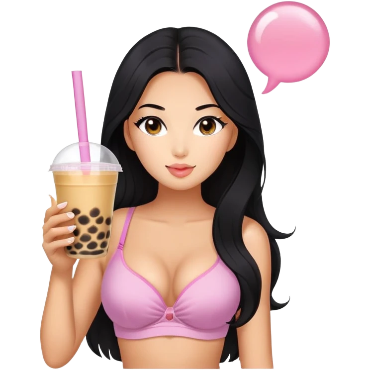woman tanned long black hair, hot sexy, drinking bubble tea, bra emoji