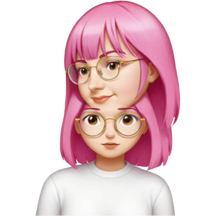 female, white shirt, hair to the shoulder, bangs, golden round glasses emoji
