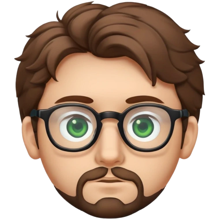 Young man with slightly curled brown poofy hair, green eyes wearing glasses, wide face with eyes set apart, bigger ears, and stubble but not a full beard emoji