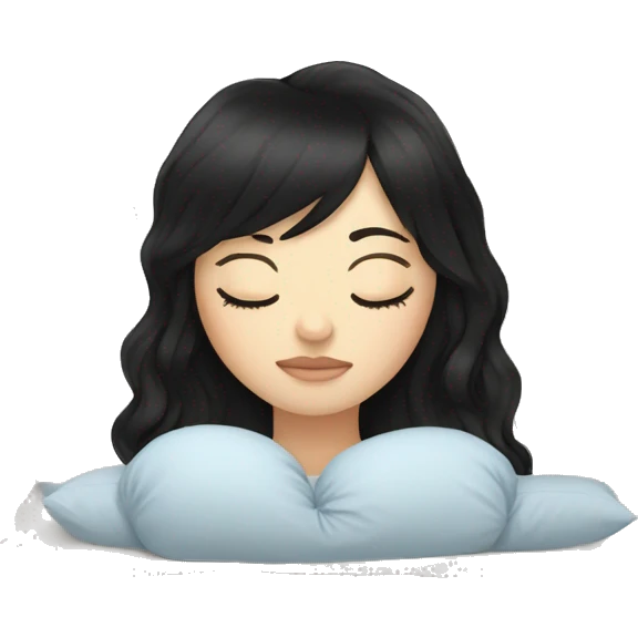 Woman pale skin black hair with bangs sleeping in bed with pillow, white woman emoji