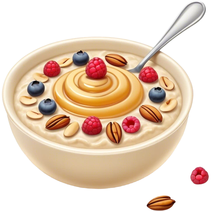 Cinematic creamy oatmeal, smooth texture with a swirl of honey on top, garnished with fresh berries and nuts, warm and comforting, cozy golden tones, rich and delicious. emoji