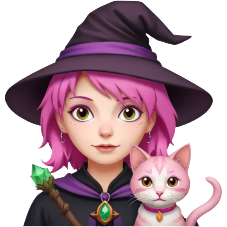 Witch with cat companion, pink haired emoji