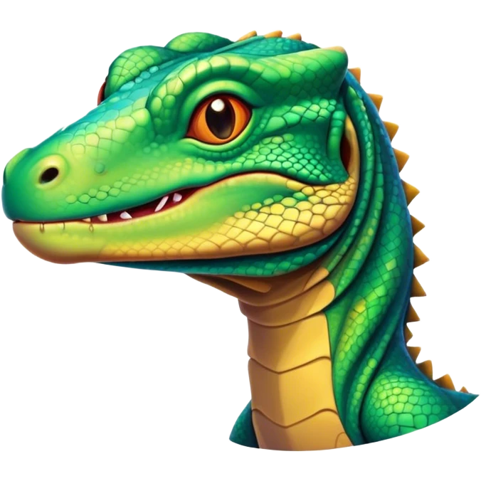 Cinematic Cute Komodo Dragon Lizard Portrait Emoji, Head tilted playfully and inquisitively, with a sleek, scaled form accented by vibrant hues and curious, sparkling eyes, Simplified yet irresistibly adorable features, highly detailed, glowing with a warm, lively glow, high shine, affectionate and spirited, stylized with a touch of exotic charm, bright and endearing, soft glowing outline, capturing the essence of a mischievous yet captivating lizard that seems poised to scurry out of the screen into your heart! emoji