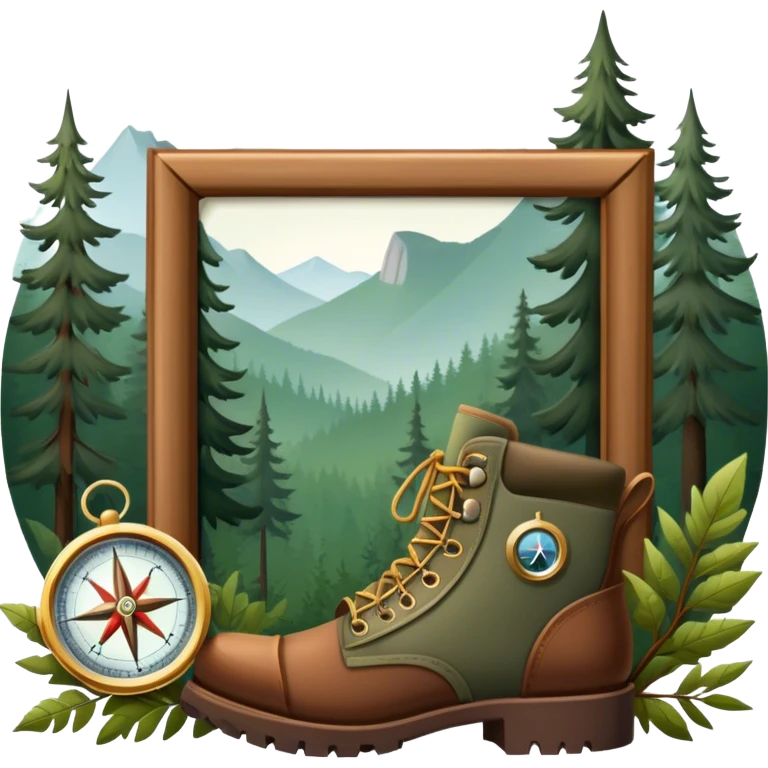 Icon for Hunting Tourism: a rifle, hunting boots, and a compass on a forest background, with a silhouette of wildlife in the distance. The icon should capture the adventure and connection with nature in hunting tourism. Transparent background. emoji