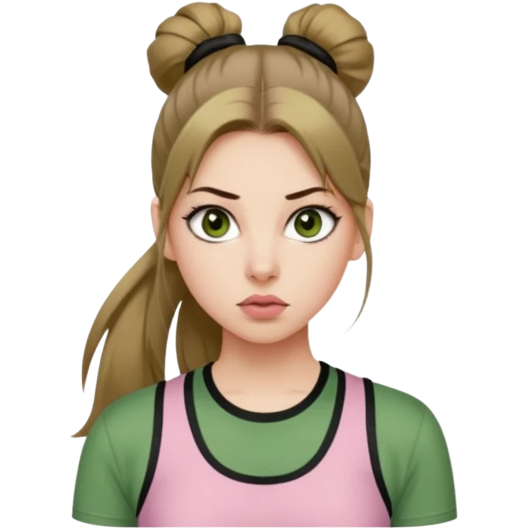 create an emoji of a young woman. She has a feisty look, with long light brown hair in a single ponytail with a black hair tie, dark green eyes, pale skin, natural soft pink lips. she wears a green y2k top emoji