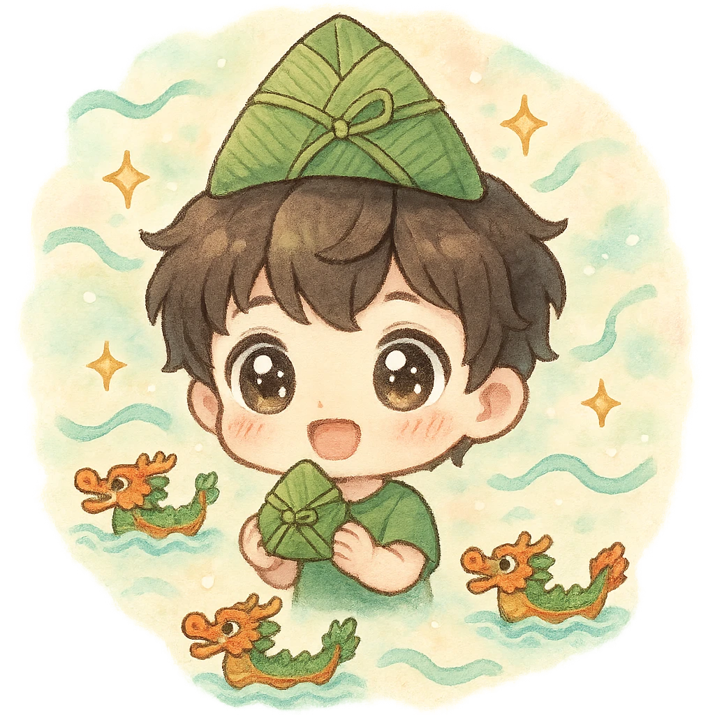 chibi boy with large sparkly eyes, rice dumpling hat, holding a mini zongzi, surrounded by small dragon boats, floating ribbons, star sparkles, pastel watercolor background, fluffy lines emoji
