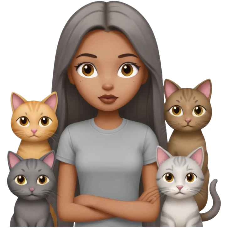 a pretty bratz dusky girl with long straight hair with four cats nd wearing a grey tshirt emoji