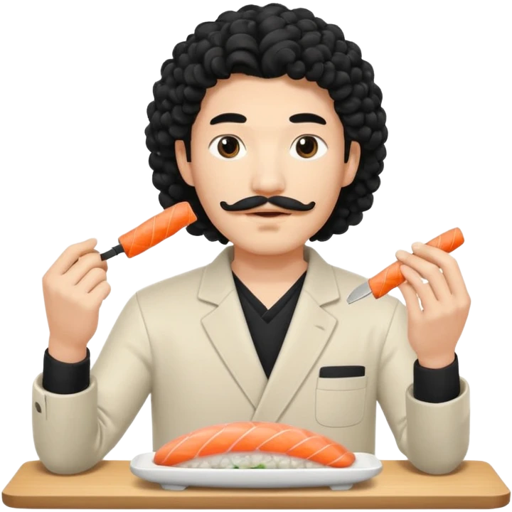un coreano che taglia sushi con i baffetti capelli ricci e lunghi  neri con un IQOS in mano  emoji