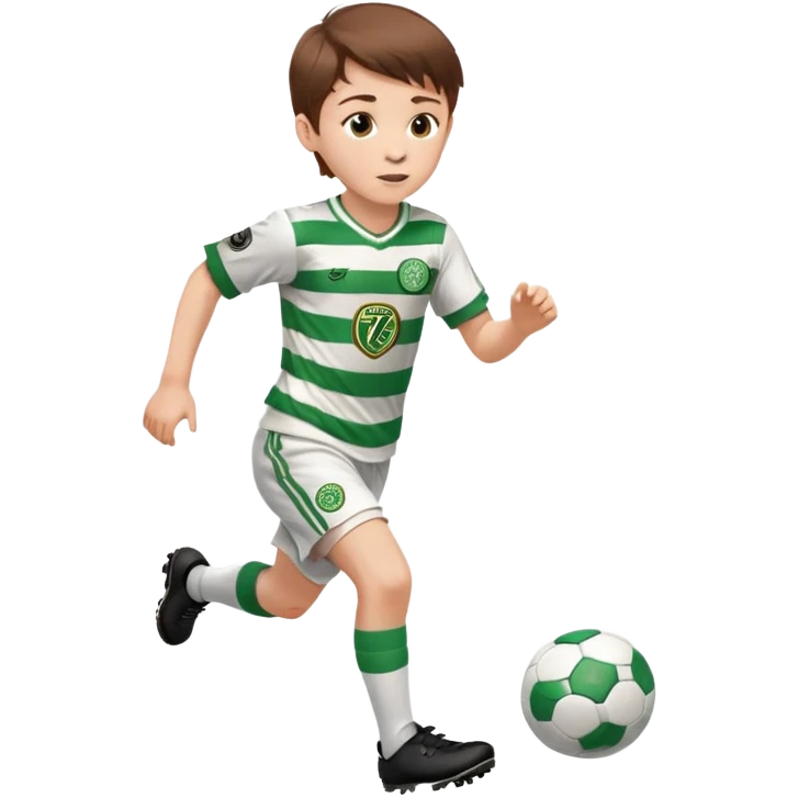 Celtic footballer jersey logo  6 years old brown hair white boy , brown eyes , stripes uniform , RUNNING  with soccer ball # 17 celtic football logo PUT ONLY ONE LOGO ONE CELTIC LOGO ONLY white shorts emoji