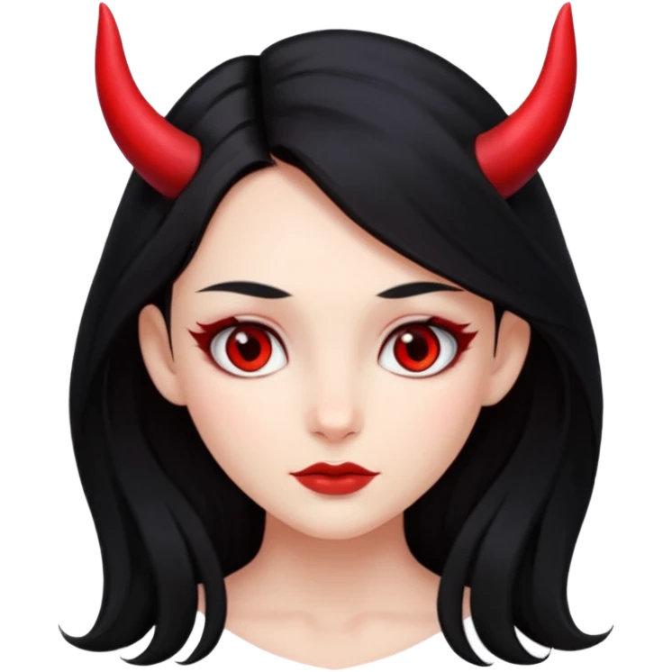 A girl's face with cheekbones, red skin, long black hair, small red horns, and red eyes. emoji