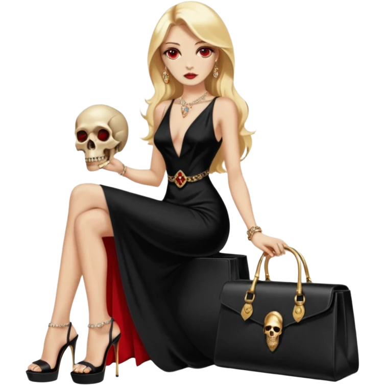 Lilith symbol red eye seductress  length blonde haired powerful woman with Gucci, and Hermes bags next to her. Wearing long dress with slit, sitting on of gold and diamonds. Black Platform high heels on feet. seat stacked with designer bags,  dead human skull of her enemies in her other hand emoji