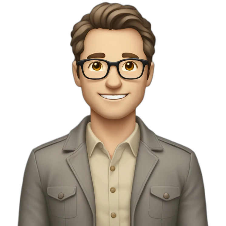 Joyful Pale skinned Fit Man With dark brown hair in gray jacket, beige office shirt, Brown pants and vintage glasses. His thrumbs up emoji
