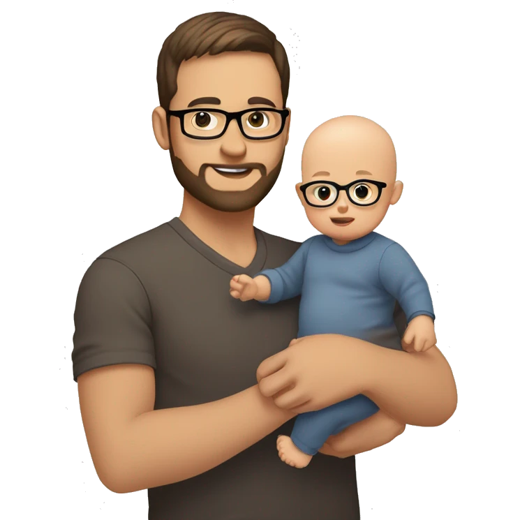 Dad brown short hair and glasses with 3 day beard with baby no hair (4 Month old) holding him on arm. Dad is a stock investor, white skin color both emoji