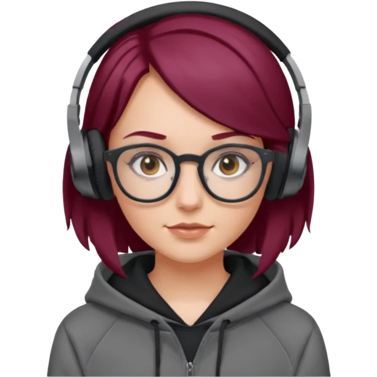 white girl with burgundy hair, gray square glasses, black deportive hoodie and black headphones emoji