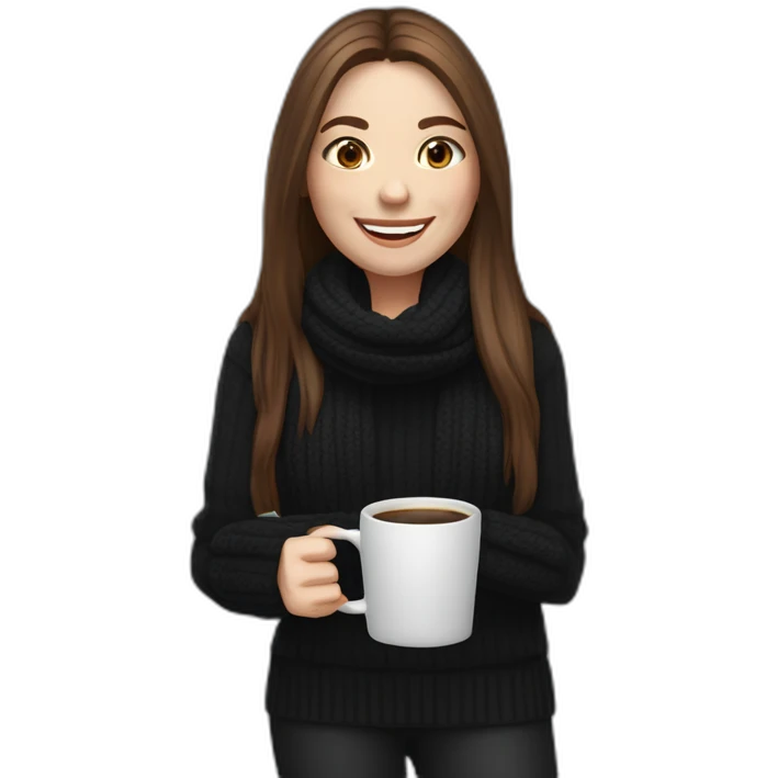 smiling woman with middle brown long straight hair and pale skin wearing black woolly shirt, black woolly scarf and holding a laptop on her left hand and coffee mug on her right hand emoji