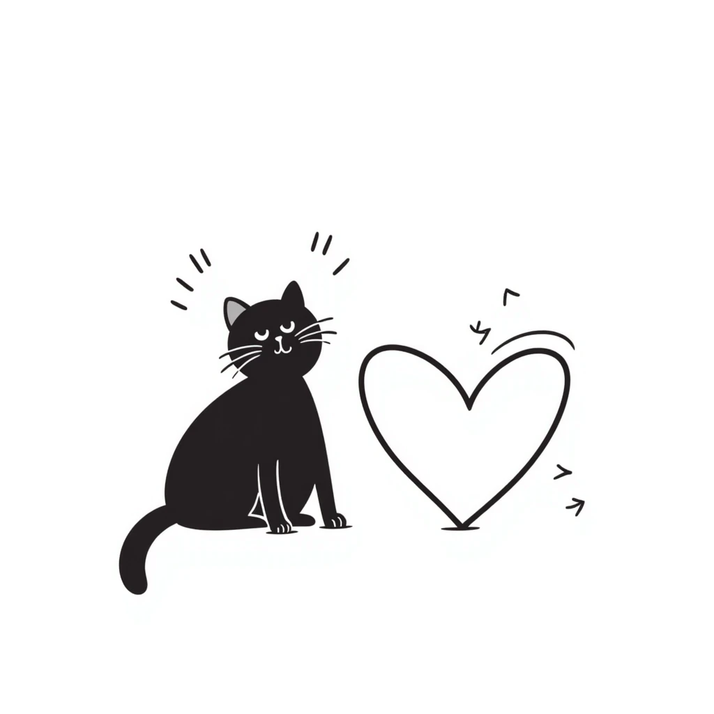 hand drawn cat and heart with playful accents, doodle style emoji