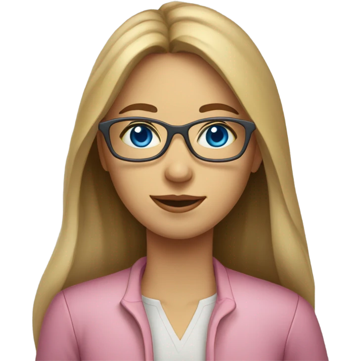 teacher, woman, light brown long hair, blue eyes wearing light pink glasses and wearing a lemon to emoji