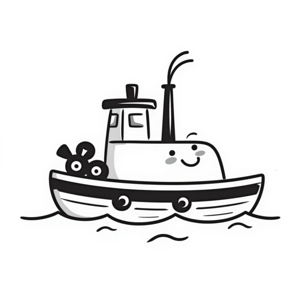 A hand-drawn toy paddleboat with a grinning face and little spinning wheels emoji